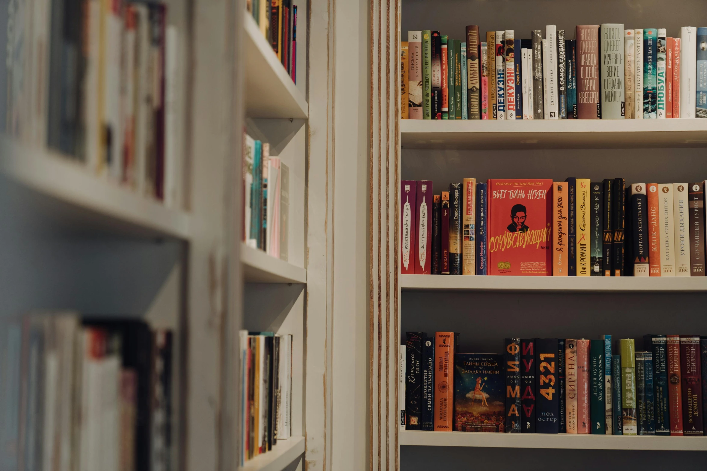 a book shelf filled with lots of books, by Carey Morris, pexels contest winner, wes anderson film, evening sunlight, cupboards, shot from a low angle