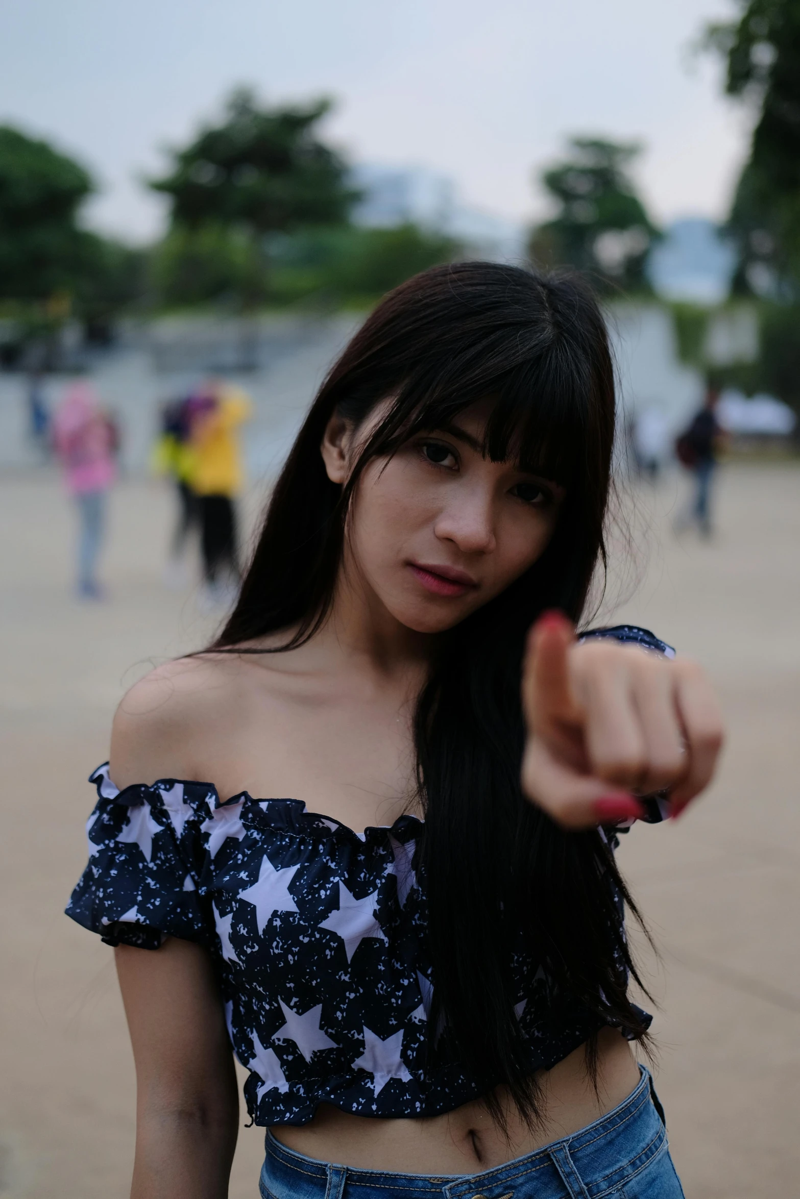 a woman pointing a finger at the camera, a picture, inspired by Ni Yuanlu, unsplash, realism, long straight bangs, ruan cute vtuber, foto realistic, 👅 👅