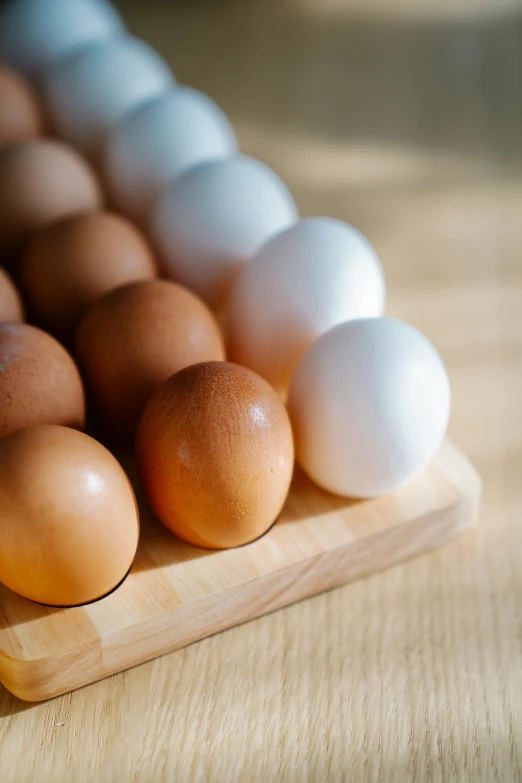 a row of eggs sitting on top of a wooden tray, varying ethnicities, up-close, in the spotlight, agile