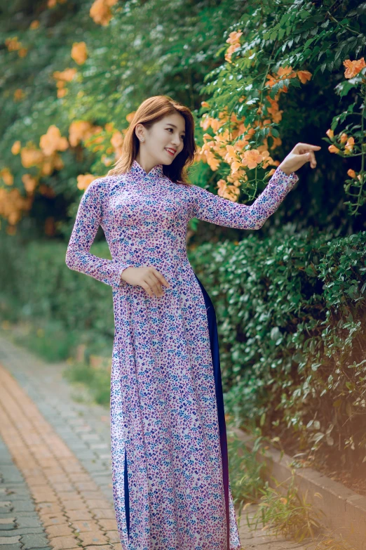 a woman in a long dress posing for a picture, a picture, inspired by Cui Bai, shutterstock, square, vietnam, long sleeves, 8 k )