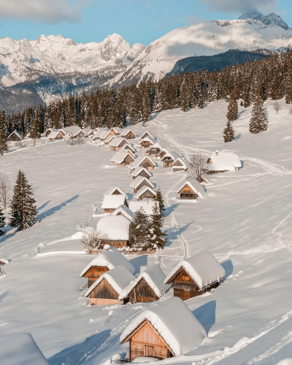 a group of cabins sitting on top of a snow covered slope, by Emma Andijewska, pexels contest winner, renaissance, thumbnail, multiple stories, flatlay, highly detailed 8k photo