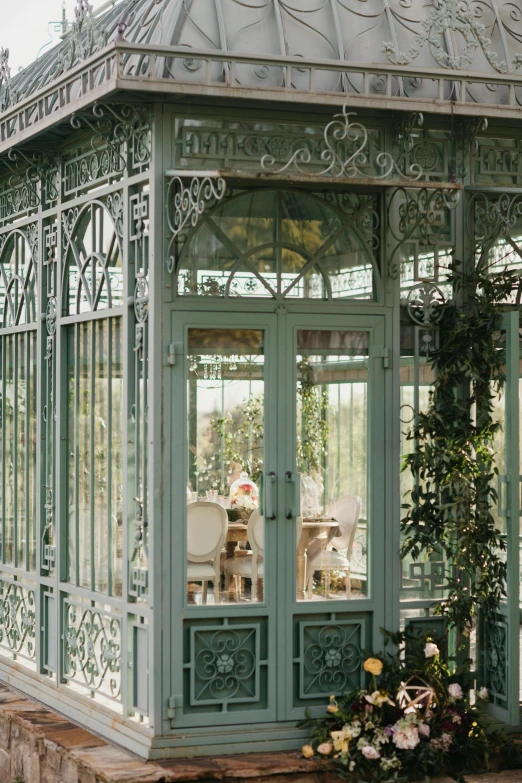 a gazebo sitting in the middle of a garden, featured on pinterest, art nouveau, sea green color theme, paris hotel style, indoors, detail shot