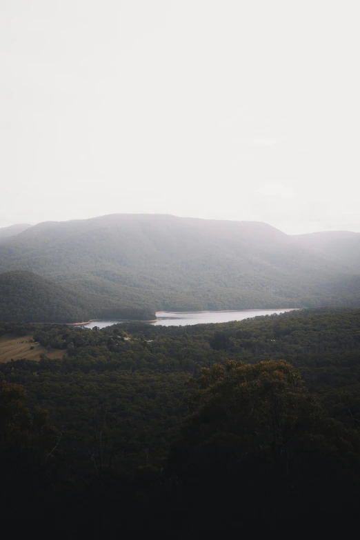 a large body of water sitting on top of a lush green hillside, a picture, unsplash contest winner, australian tonalism, mountains and lakes, light grey mist, overview, analogue photo low quality