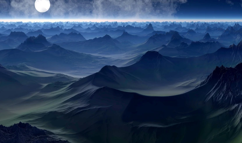 a view of a mountain range with a full moon in the sky, a matte painting, pexels contest winner, space art, “ aerial view of a mountain, moody mining planet, volumetric light and mist, extreme panoramic