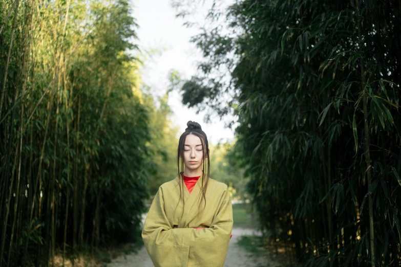 a woman standing in the middle of a bamboo forest, a portrait, inspired by Li Di, unsplash, visual art, wearing hay coat, yellow robes, woman in streetwear, in a open green field