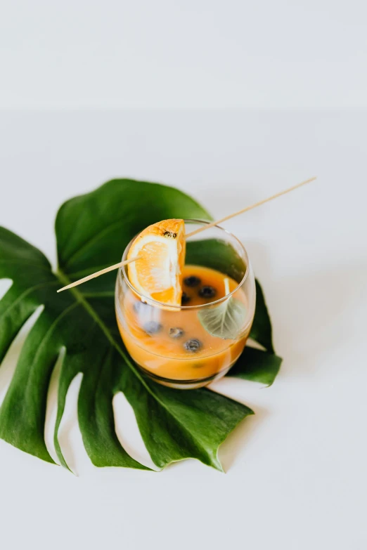 a drink sitting on top of a green leaf, a still life, unsplash, orange and black, monstera deliciosa, profile image, with a straw