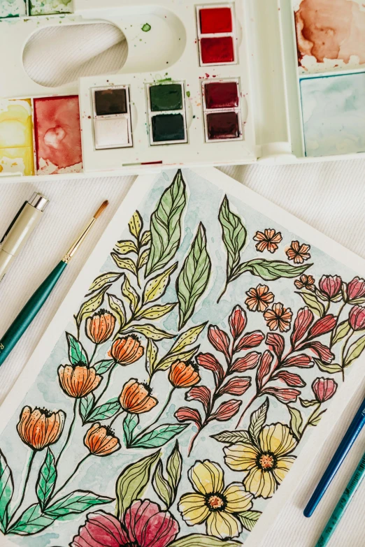 a bunch of watercolors sitting on top of a table, flowers and vines, colored pencils, color page, teal and orange colors