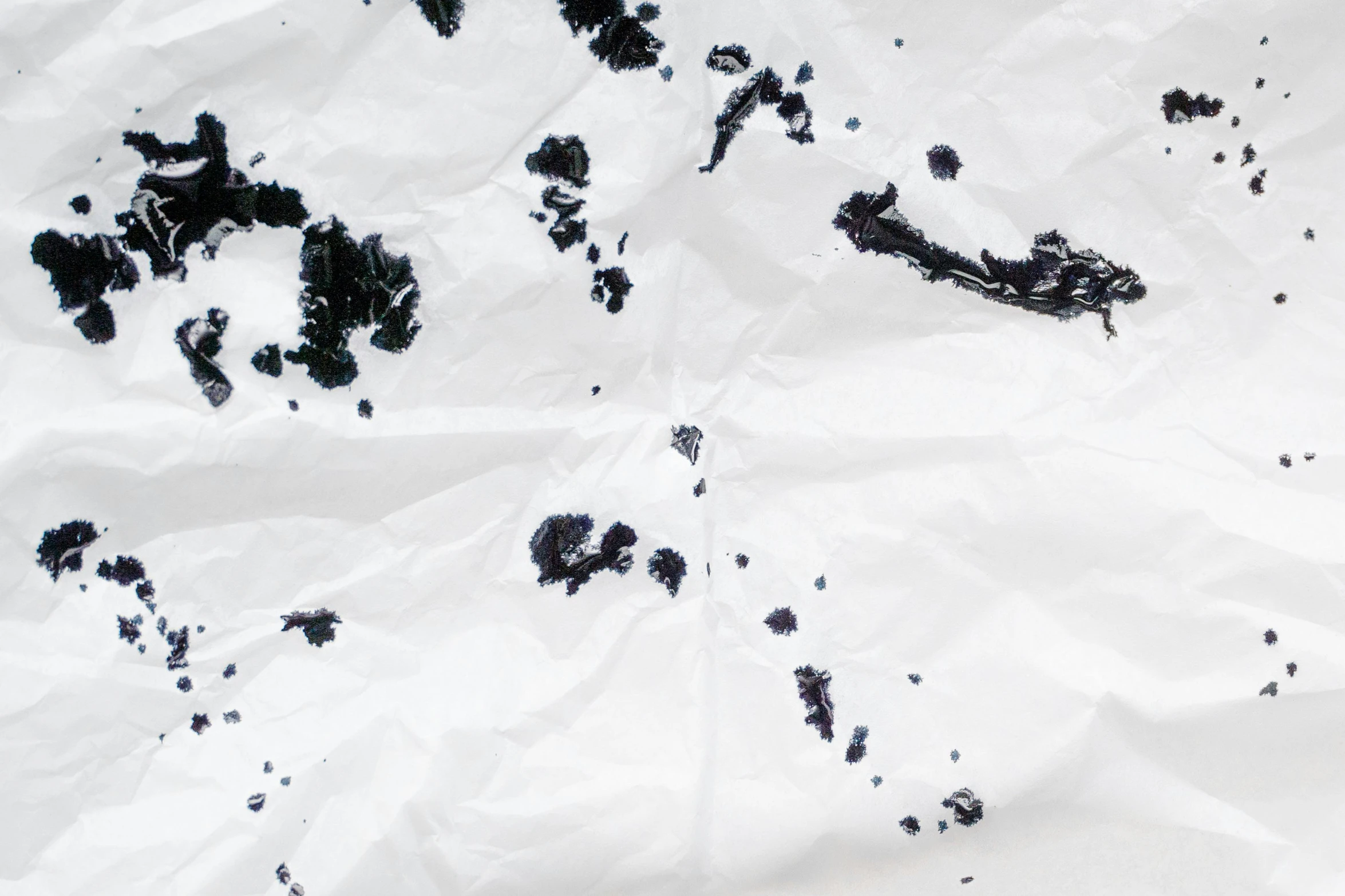 a piece of white paper with black ink on it, inspired by Shōzō Shimamoto, trending on unsplash, generative art, mad trash bags, satellite view, iceland, scattered islands