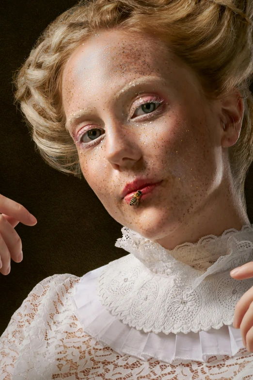 a close up of a woman with freckles on her face, inspired by Cindy Sherman, hyperrealism, victorian lace, a blond, cockroach lady, wearing victorian clothes