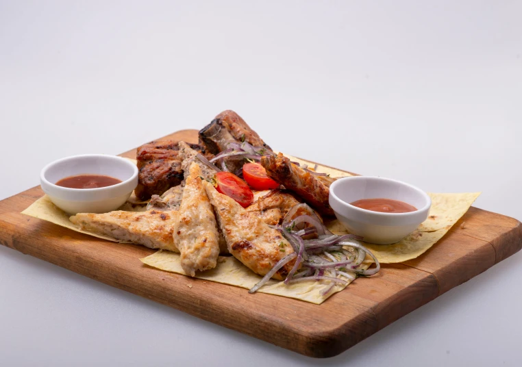 a wooden cutting board topped with different types of food, by Ella Guru, very smoky, trio, fishbones, various posed