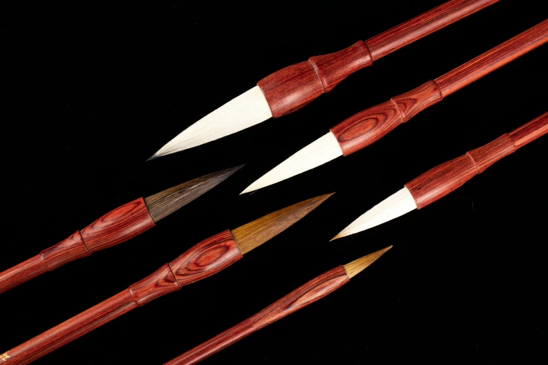 a group of paint brushes sitting on top of a black surface, inspired by Hasegawa Tōhaku, hurufiyya, longbows, maroon, 1 4 8 0 s, thumbnail