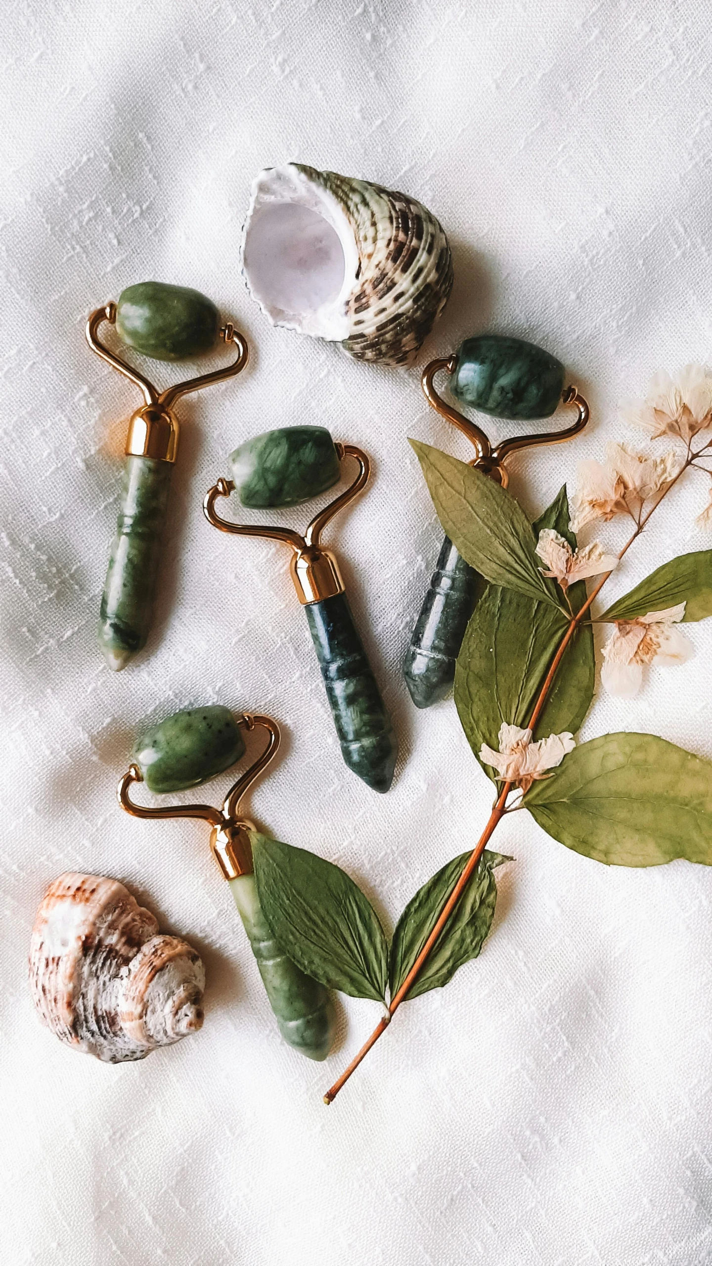 a bunch of shells sitting on top of a table, jade, skincare, thumbnail, face accessories