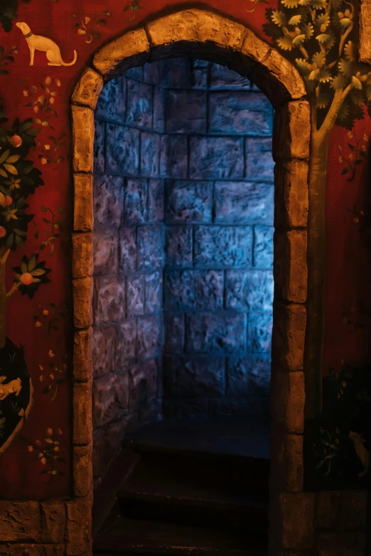 a close up of a doorway in a building, inspired by Joseph Wright of Derby, in the gryffindor common room, lush lighting, an escape room in a small, miniatures