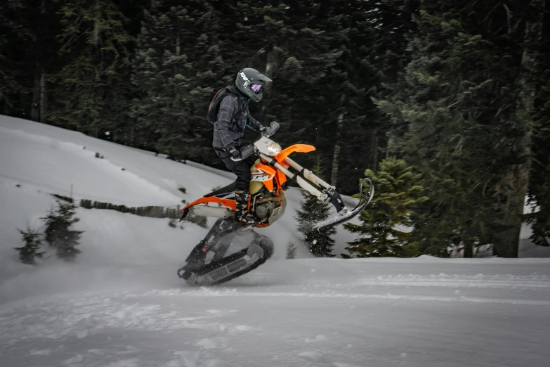 a person riding a snow bike in the snow, profile image, jumping, off-roading, tall entry