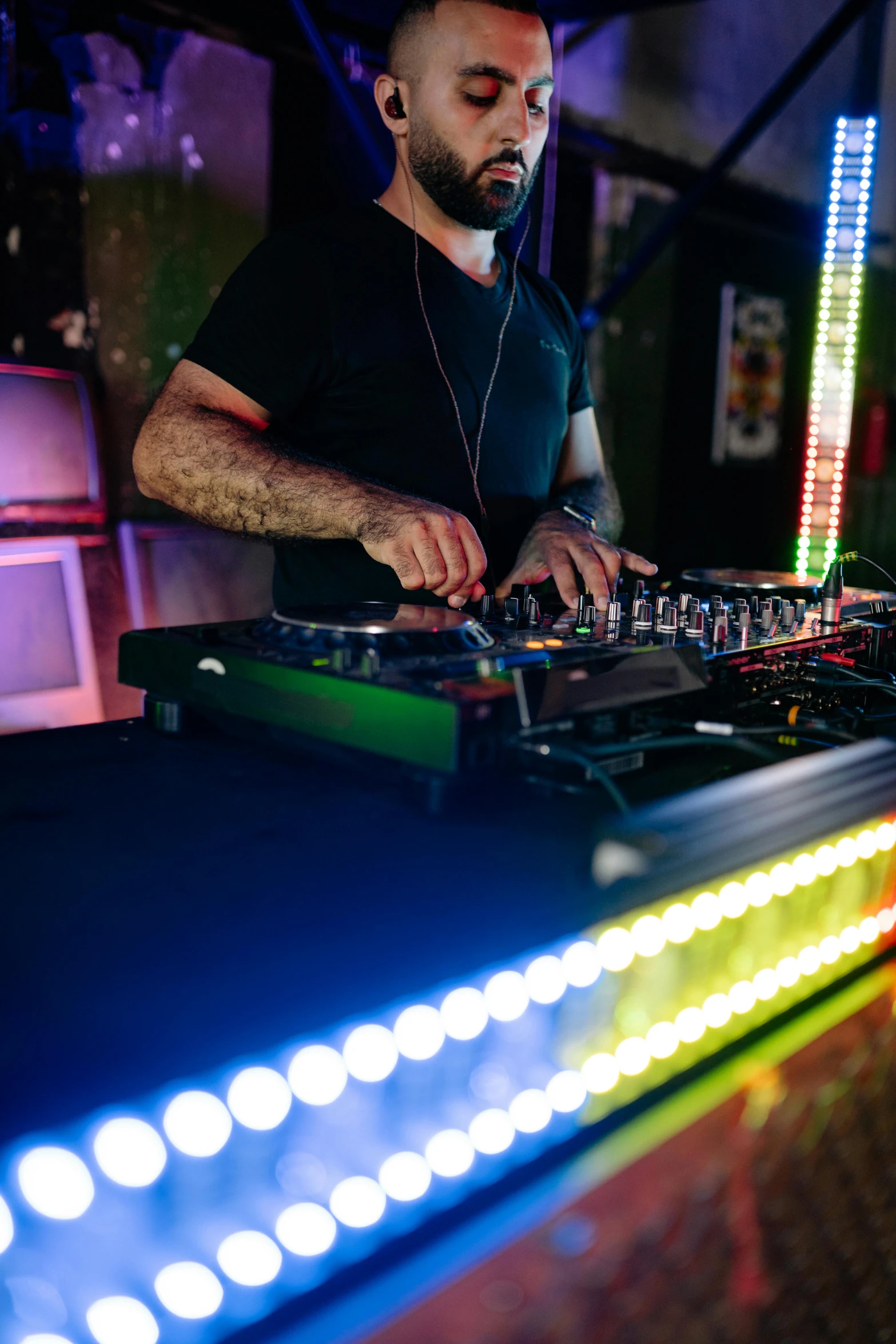 a man that is standing in front of a keyboard, partylights, djing with dj turntables, digital image, lgbtq