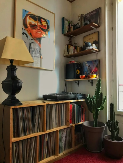 a living room filled with furniture and a large window, an album cover, unsplash, maximalism, spiral shelves full of books, highly detailed # no filter, with cactus plants in the room, turntables