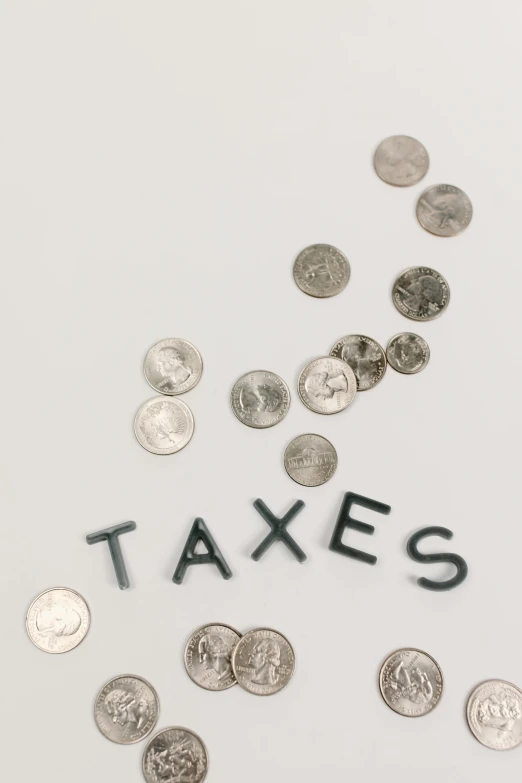 a pile of coins next to the word taxes, trending on unsplash, conceptual art, 2 5 6 x 2 5 6 pixels, ansel ], paul rand, thumbnail