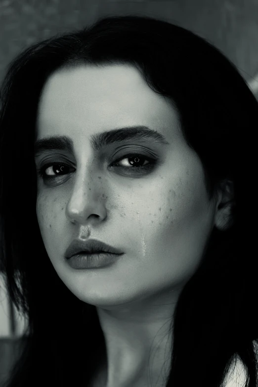 a black and white photo of a woman, a black and white photo, by Lucia Peka, pexels contest winner, hyperrealism, penelope cruz, white freckles, pale-skinned persian girl, square face