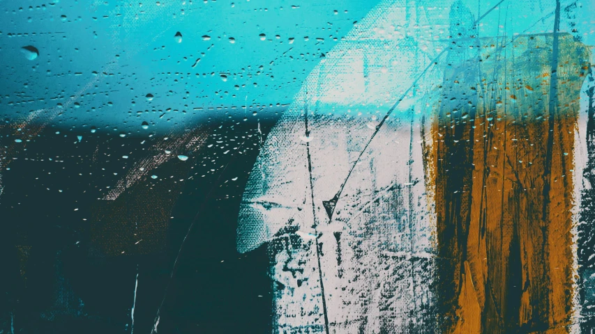 a close up of a window with raindrops on it, an abstract painting, unsplash, lyrical abstraction, cyan and orange, frank moth, 8 k artistic lithography, scratched photo