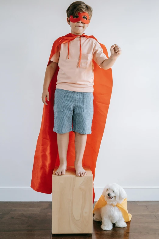 a little boy standing on top of a wooden block, shutterstock contest winner, superhero cape, orange gi, small dog, boy's room