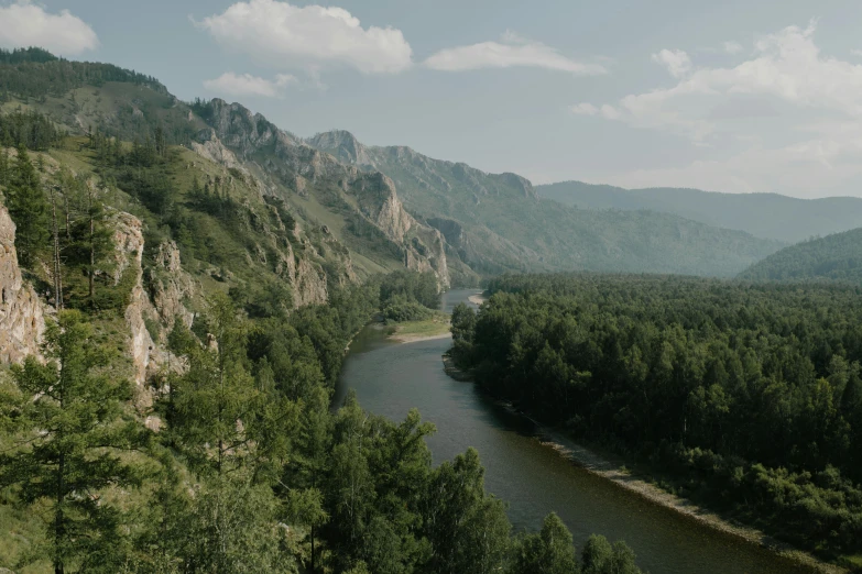 a river running through a lush green valley, by Muggur, pexels contest winner, les nabis, russian, against the backdrop of trees, grey, high quality screenshot