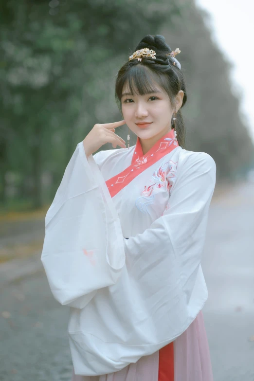 a woman in a hanbok poses for a picture, an album cover, inspired by Ma Yuanyu, pexels contest winner, realism, wearing a light shirt, 奈良美智, white red, student