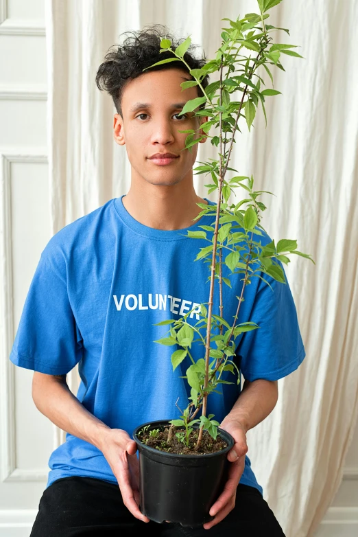 a young man is holding a potted plant, by Ellen Gallagher, visual art, blue tight tshirt, imaan hammam, official product photo, blue bonsai