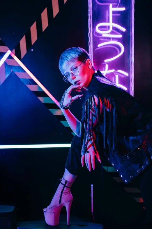 a woman sitting on a stool in front of a neon sign, trending on pexels, neo-dada, attractive androgynous humanoid, nightclub dancing inspired, photograph of a techwear woman, portrait a woman like reol