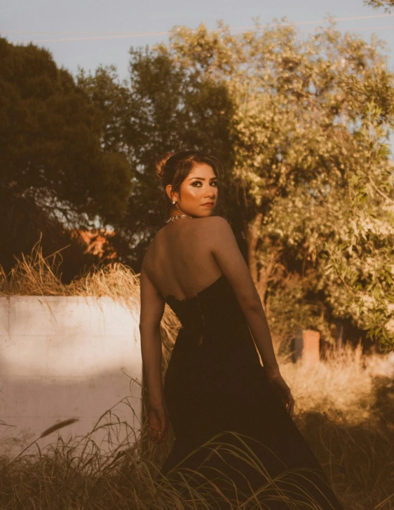 a woman in a black dress standing in a field, an album cover, unsplash, post-impressionism, she has olive brown skin, under the soft shadow of a tree, wearing an evening gown, cinematic outfit photo