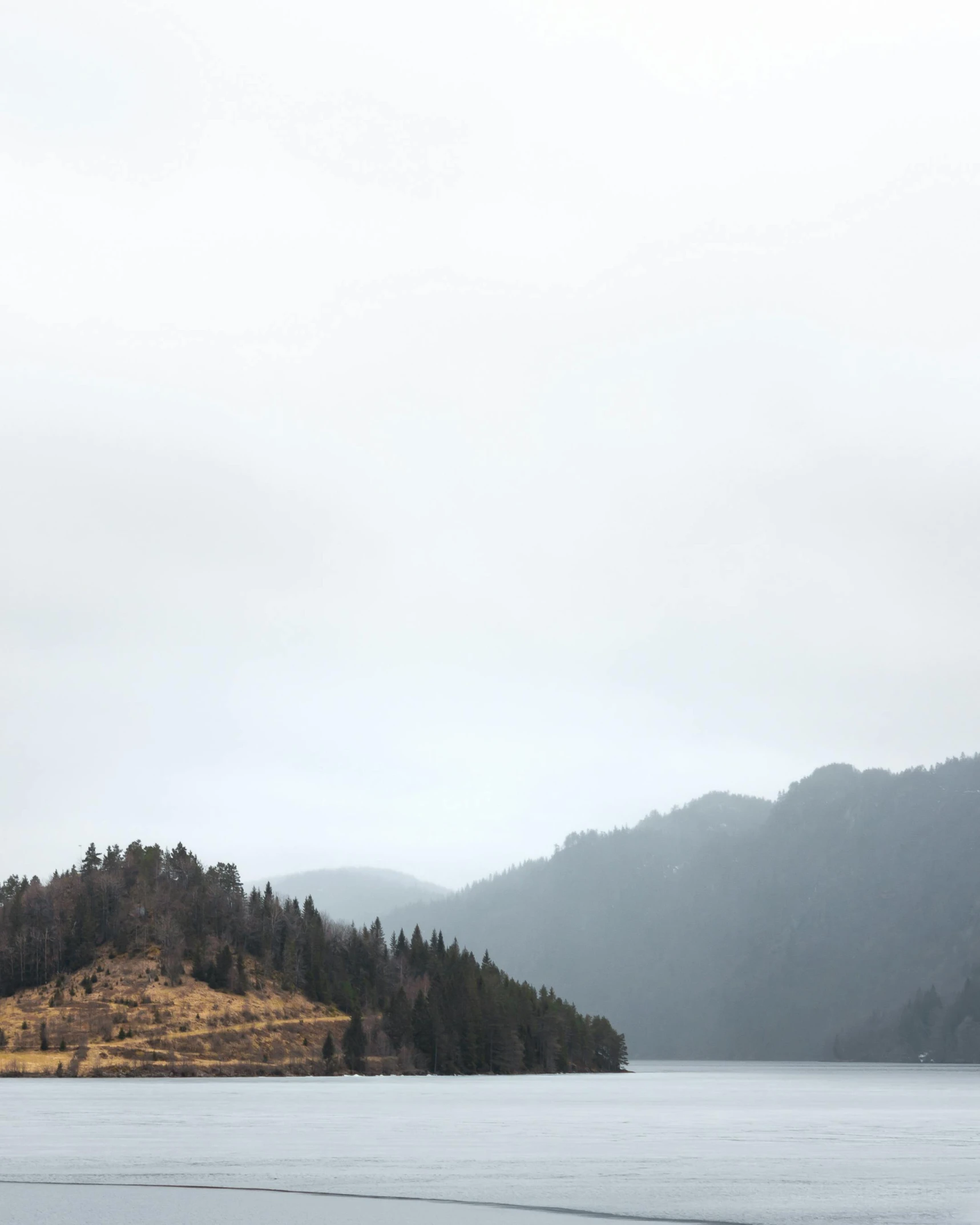 a man flying a kite on top of a lake, by Johannes Voss, trending on unsplash, minimalism, black fir, rainy and foggy, panorama, spooky photo