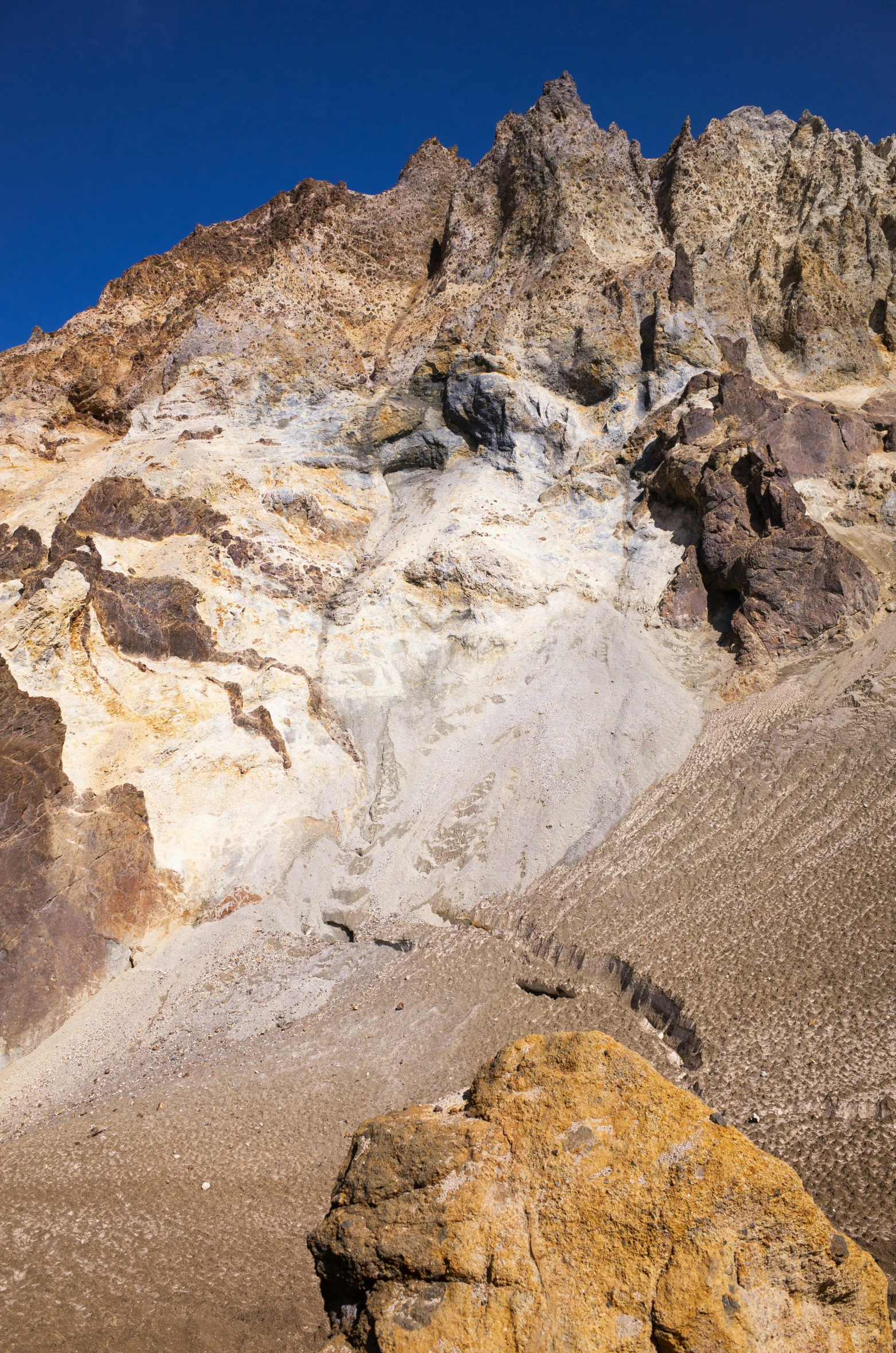 a group of people walking up the side of a mountain, gutai group, volcano texture, bleached colours, panoramic, adam ondra