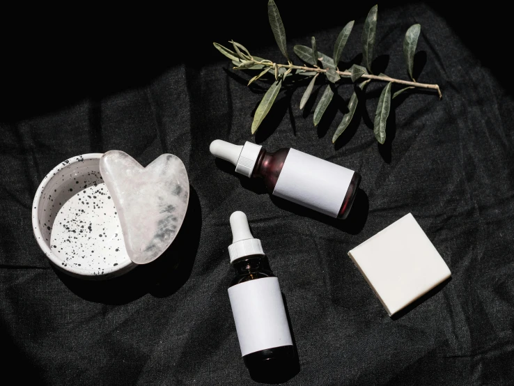 a couple of bottles sitting on top of a table, by Emma Andijewska, trending on pexels, skincare, white on black, herbs, drops