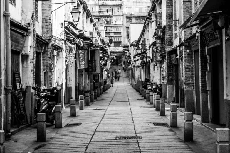 a black and white photo of a narrow street, street art, traditional chinese, tourist photo