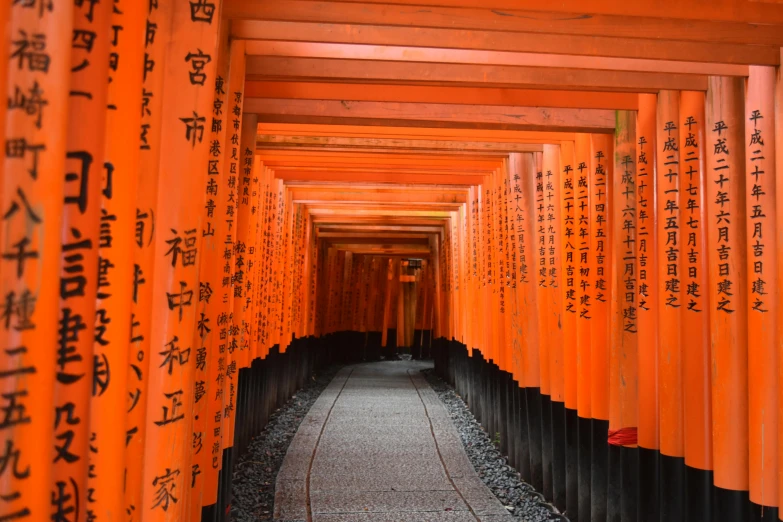 a tunnel of orange tori tori tori tori tori tori tori tori tori tori tori tori tori tori, inspired by Torii Kiyomoto, pexels contest winner, ukiyo-e, pillars of marble, kanji markings, hyperdetailed photo, orange red black white