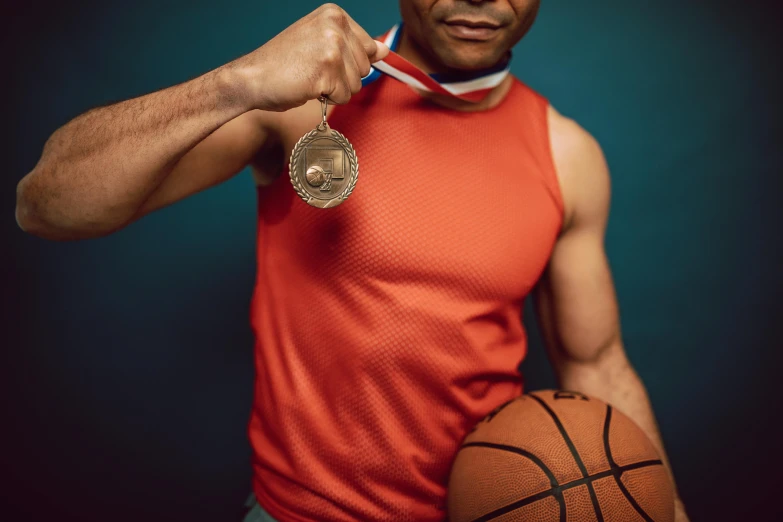 a man holding a medal and a basketball, pexels contest winner, riffle on chest, dave chappelle, red sport clothing, thumbnail