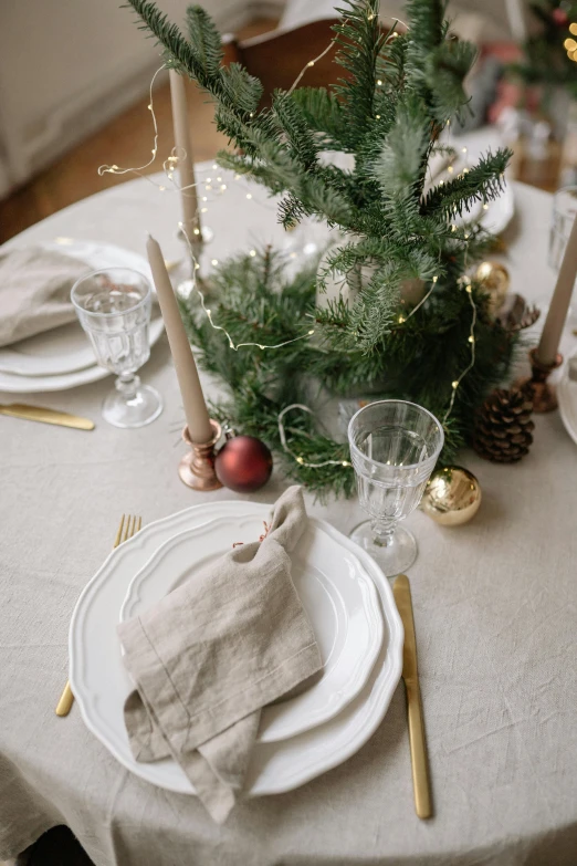 a table that has a christmas tree on it, a portrait, by Grytė Pintukaitė, pexels, renaissance, beige and gold tones, linen, jovana rikalo, bespoke