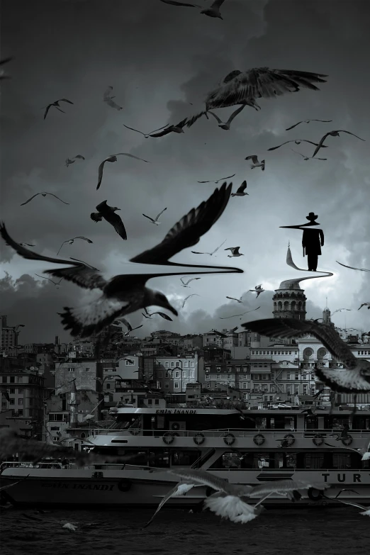 a flock of birds flying over a body of water, inspired by Toshiko Okanoue, pexels contest winner, surrealism, istanbul, dark fantasy city, seagull wearing luigis hat, with pterosaurs flying