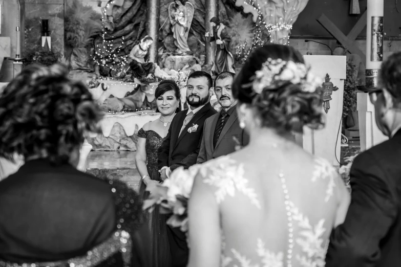 a black and white photo of a wedding ceremony, a black and white photo, by Dan Frazier, pexels, art nouveau, tlaquepaque, full of expressions, glittery wedding, christian orrillo