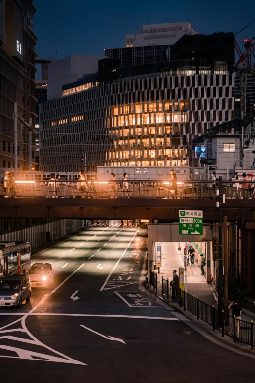 a city street filled with lots of traffic next to tall buildings, unsplash contest winner, sōsaku hanga, dark city bus stop, bjarke ingels, japan at night, construction