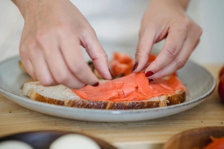 a person putting salmon on a piece of bread, by Julia Pishtar, centred, slightly tanned, on a plate, slightly red