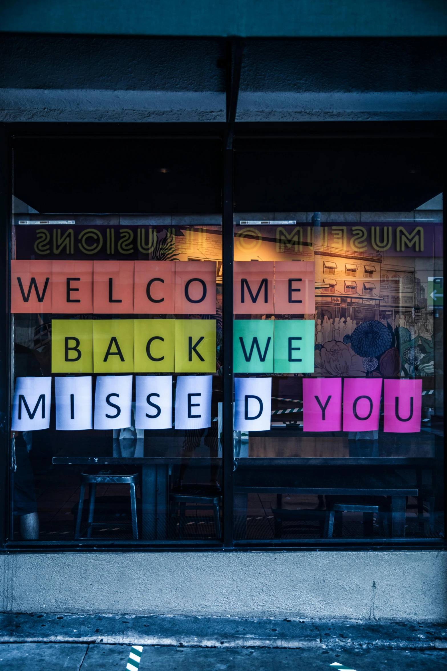 a window with a sign that says welcome back we missed you, by Kristin Nelson, merged, paul barson, customers, mixed