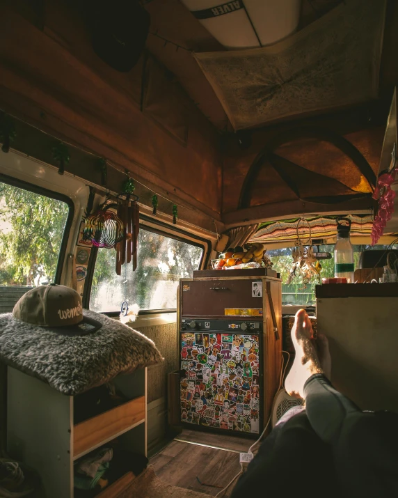 a dog laying on top of a bed in a van, by Jessie Algie, unsplash contest winner, 70s interior with arched windows, in a tree house, bulli, bright window lit kitchen