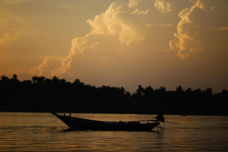 a boat floating on top of a lake under a cloudy sky, unsplash contest winner, sumatraism, evening sun, cambodia, album cover, thumbnail