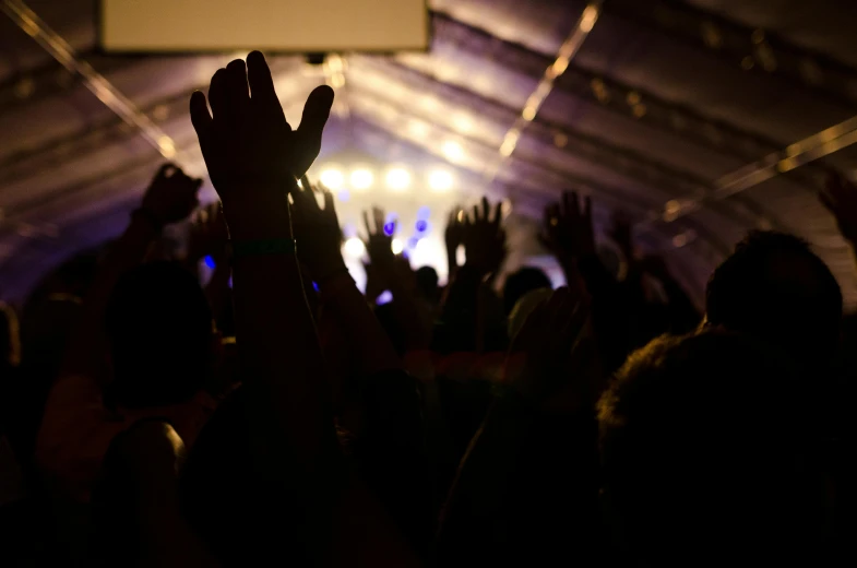 a crowd of people with their hands in the air, an album cover, by Matt Cavotta, pexels, happening, inside a circus tent, tabernacle deep focus, very backlit, in 2 0 1 5