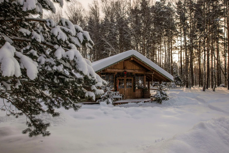 a small cabin in the middle of a snowy forest, by Emma Andijewska, pexels contest winner, fan favorite, traditional russia, luxurious wooden cottage, thumbnail