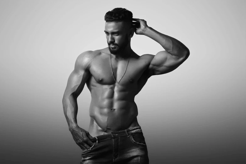 a black and white photo of a shirtless man, a black and white photo, pexels contest winner, indian super model, fit pic, male character design, very muscly