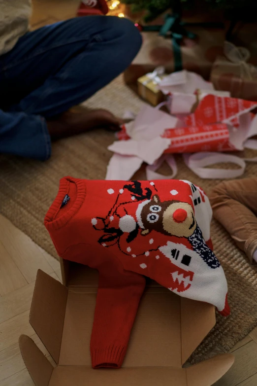 a teddy bear sitting on top of a cardboard box, wearing festive clothing, sweater, graphic print, taken with sony alpha 9