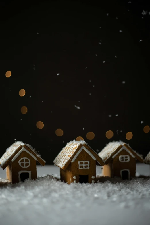 a group of small houses sitting on top of a snow covered ground, a tilt shift photo, pexels contest winner, conceptual art, on black background, gingerbread people, thumbnail, background image