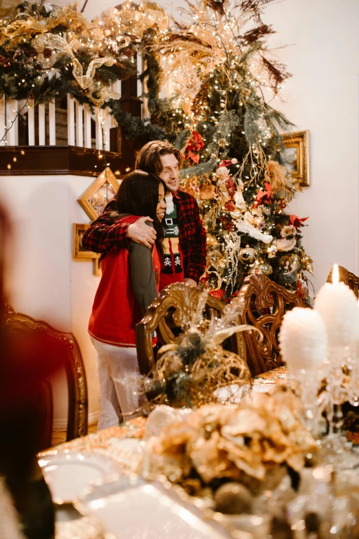 a woman standing in front of a christmas tree, jesus hugging a woman, lots of decoration and furniture, profile image, holiday vibe