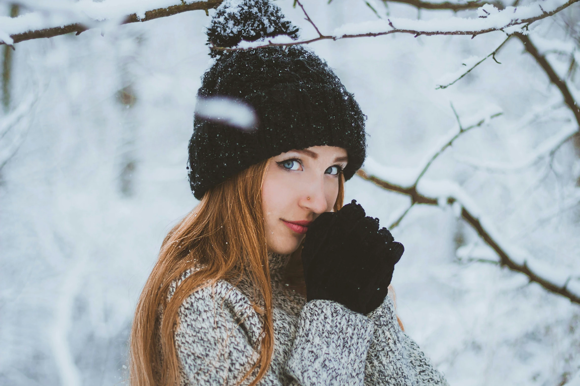 a woman wearing a hat and gloves in the snow, pexels contest winner, avatar image, cute girls, fair skinned, half image